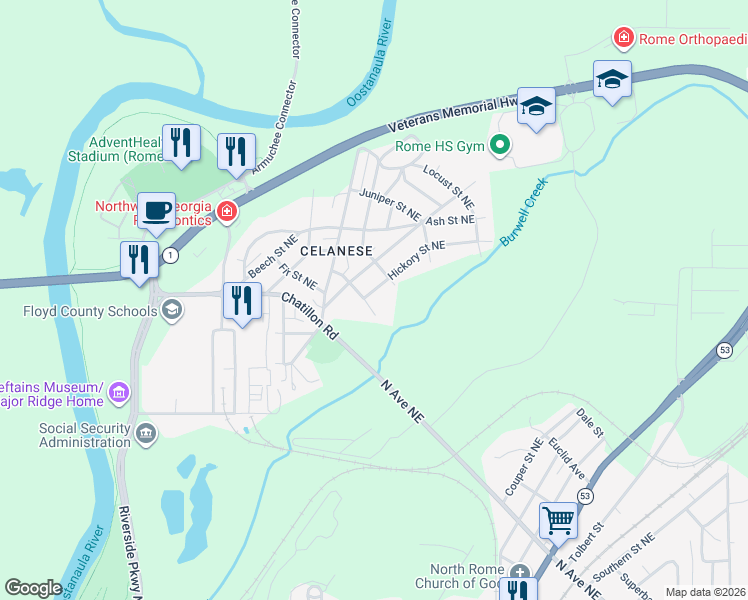 map of restaurants, bars, coffee shops, grocery stores, and more near 1 Hickory Street Northeast in Rome