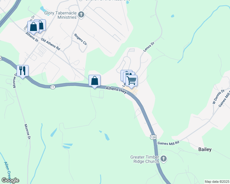 map of restaurants, bars, coffee shops, grocery stores, and more near 2110 Athens Highway in Gainesville