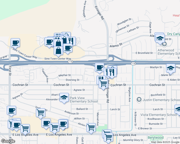 map of restaurants, bars, coffee shops, grocery stores, and more near 1759 Cochran Street in Simi Valley