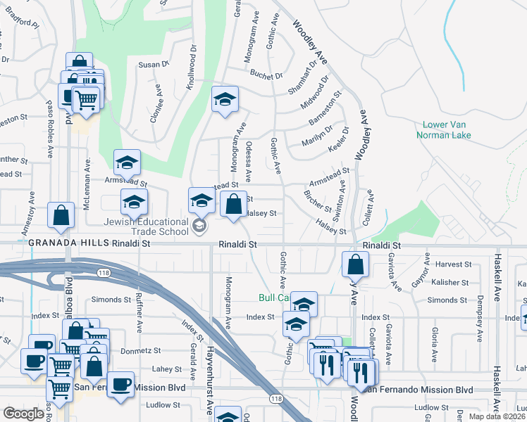 map of restaurants, bars, coffee shops, grocery stores, and more near 16511 Halsey Street in Los Angeles