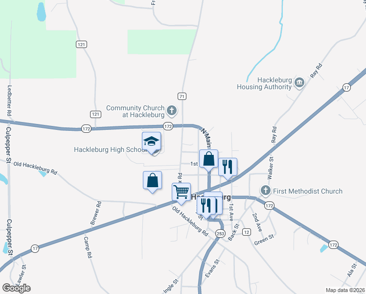 map of restaurants, bars, coffee shops, grocery stores, and more near 416 Nix Road in Hackleburg