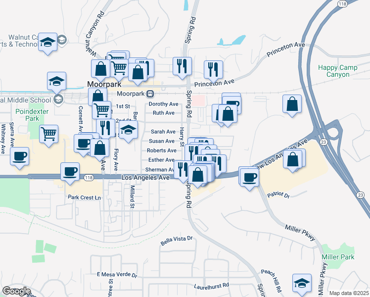 map of restaurants, bars, coffee shops, grocery stores, and more near 196 Harry Street in Moorpark