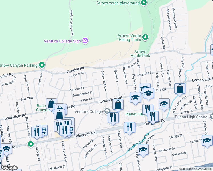map of restaurants, bars, coffee shops, grocery stores, and more near 4743 Rosemont Court in Ventura