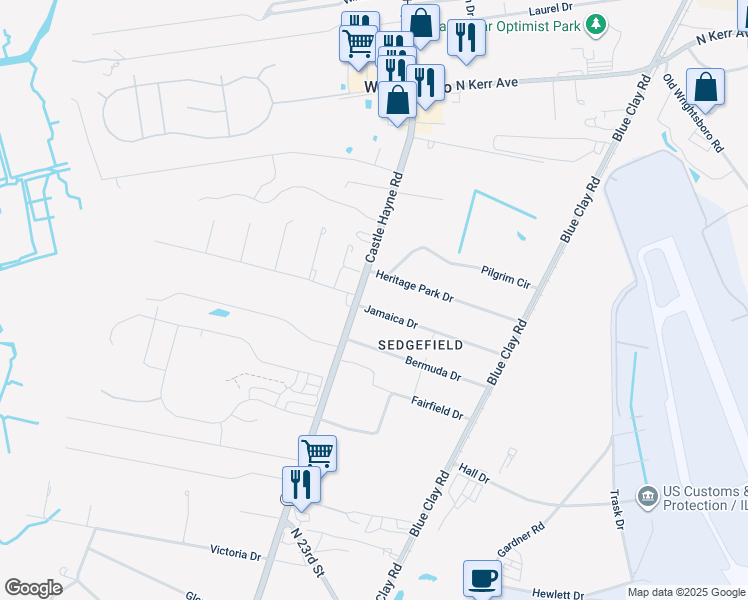 map of restaurants, bars, coffee shops, grocery stores, and more near 105 Jamaica Drive in Wilmington