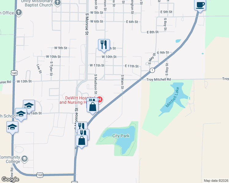 map of restaurants, bars, coffee shops, grocery stores, and more near 114 West 15th Street in DeWitt