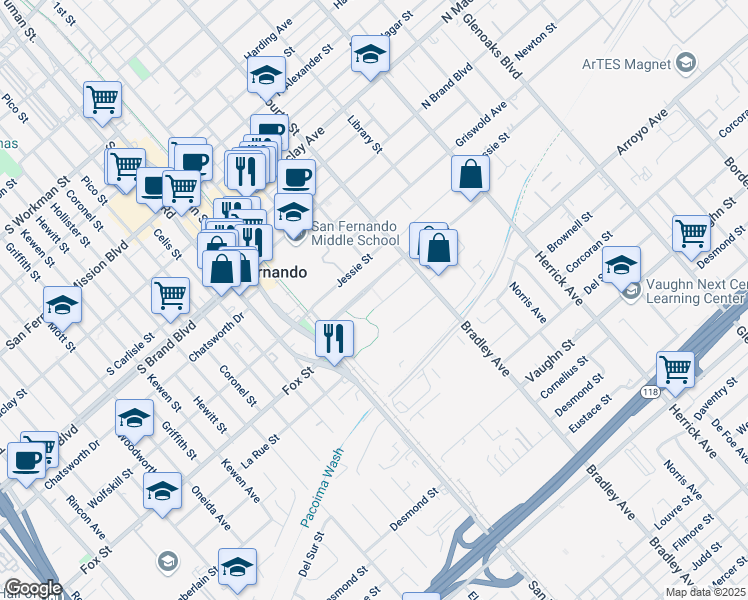 map of restaurants, bars, coffee shops, grocery stores, and more near 208 Park Avenue in San Fernando