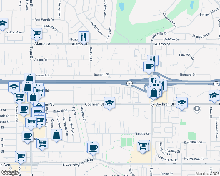 map of restaurants, bars, coffee shops, grocery stores, and more near 2559 Parade Avenue in Simi Valley