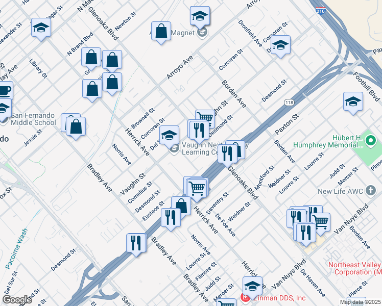 map of restaurants, bars, coffee shops, grocery stores, and more near 13242 Cornelius Street in Los Angeles