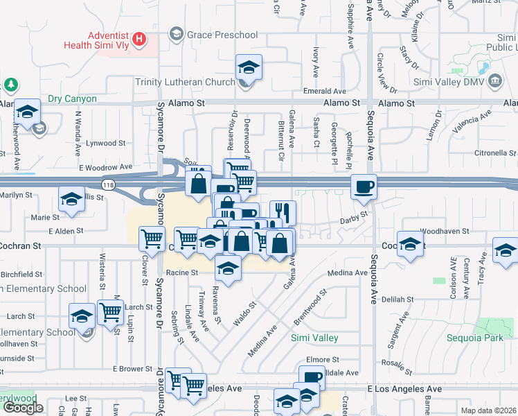 map of restaurants, bars, coffee shops, grocery stores, and more near 2533 Little Rock Lane in Simi Valley