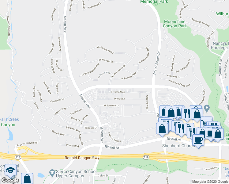 map of restaurants, bars, coffee shops, grocery stores, and more near 20351 Livorno Way in Los Angeles
