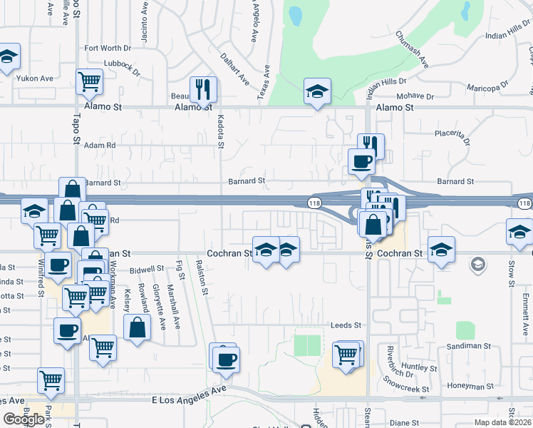 map of restaurants, bars, coffee shops, grocery stores, and more near 2559 Parade Avenue in Simi Valley