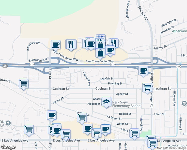 map of restaurants, bars, coffee shops, grocery stores, and more near 1429 Rio Vista Court in Simi Valley