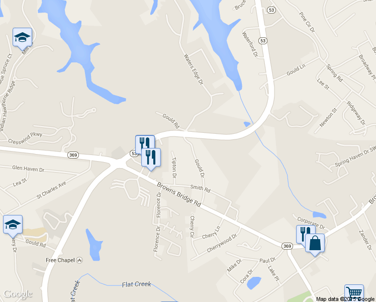 map of restaurants, bars, coffee shops, grocery stores, and more near 2595 Gould Dr in Gainesville