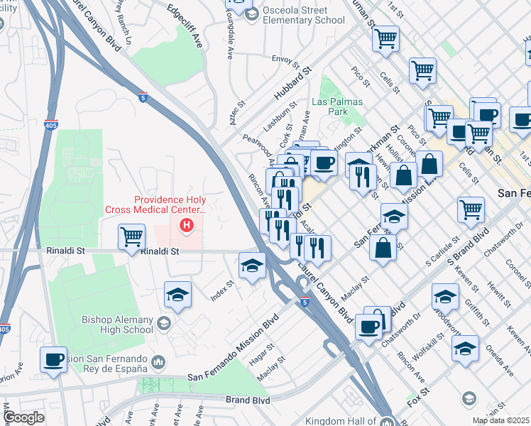 map of restaurants, bars, coffee shops, grocery stores, and more near 11580 Laurel Canyon Boulevard in San Fernando