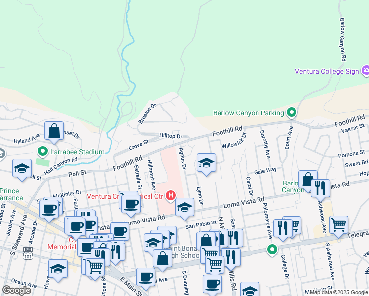 map of restaurants, bars, coffee shops, grocery stores, and more near 420 Agnus Drive in Ventura