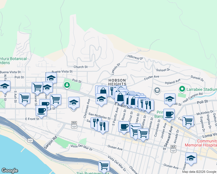 map of restaurants, bars, coffee shops, grocery stores, and more near 1684 Poli Street in Ventura