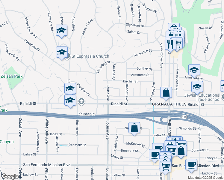 map of restaurants, bars, coffee shops, grocery stores, and more near 17260 Halsey Street in Los Angeles