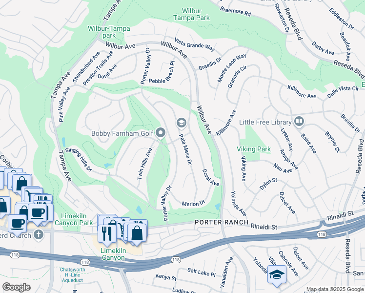 map of restaurants, bars, coffee shops, grocery stores, and more near 11528 Porter Valley Drive in Los Angeles