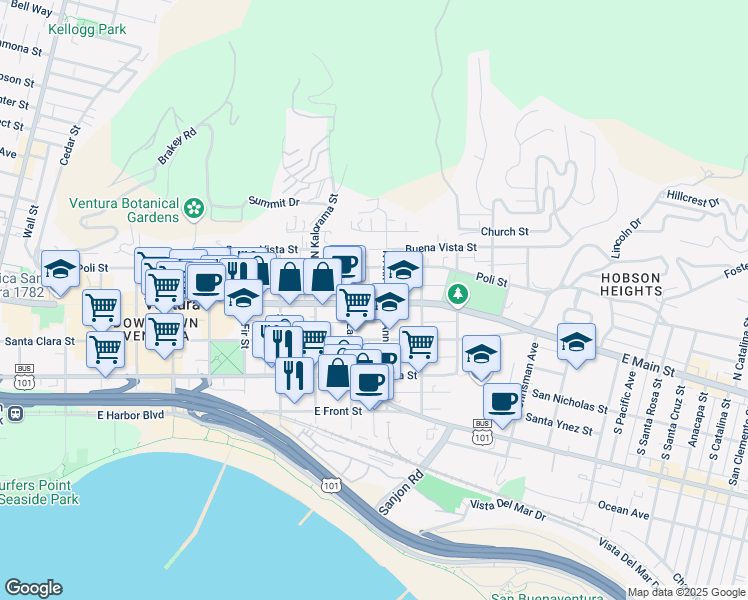 map of restaurants, bars, coffee shops, grocery stores, and more near 1065 E Main St in Ventura