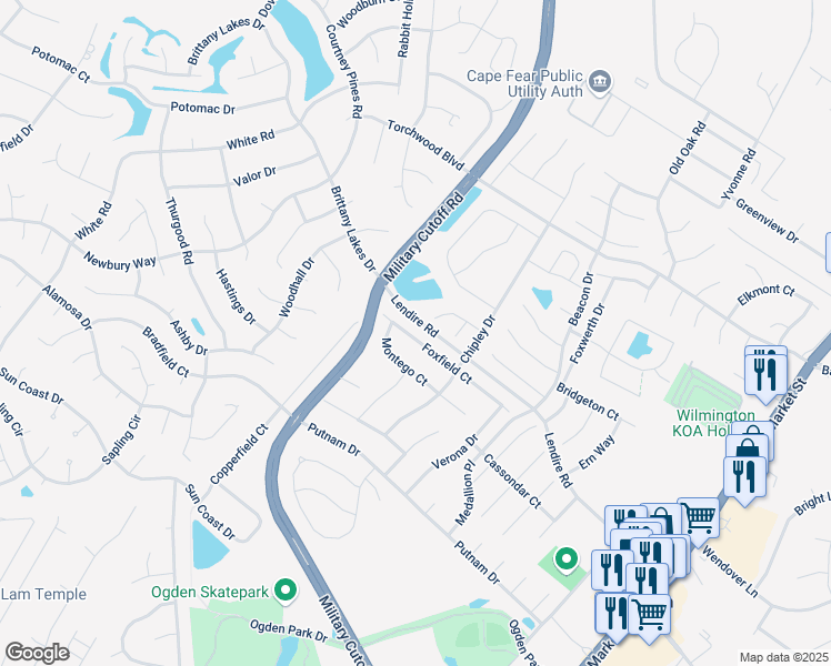 map of restaurants, bars, coffee shops, grocery stores, and more near 544 Foxfield Court in Wilmington