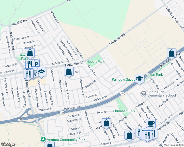 map of restaurants, bars, coffee shops, grocery stores, and more near 139 Petit Avenue in Ventura