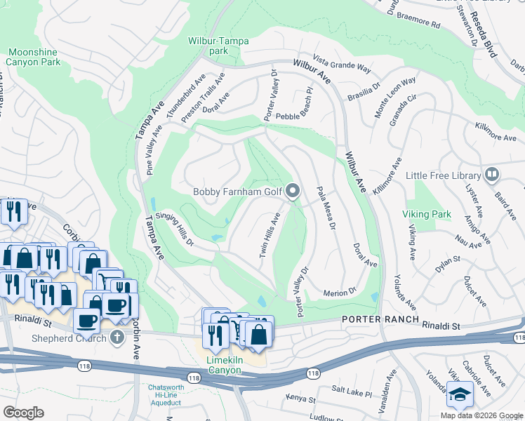 map of restaurants, bars, coffee shops, grocery stores, and more near 19411 Twin Hills Place in Los Angeles