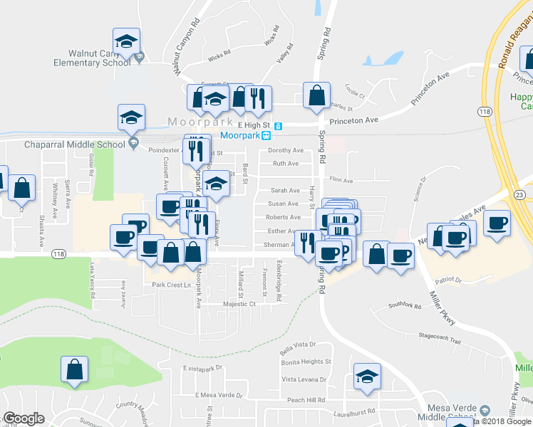 map of restaurants, bars, coffee shops, grocery stores, and more near 277 Roberts Avenue in Moorpark