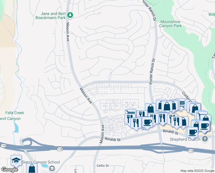 map of restaurants, bars, coffee shops, grocery stores, and more near 20236 Livorno Way in Los Angeles