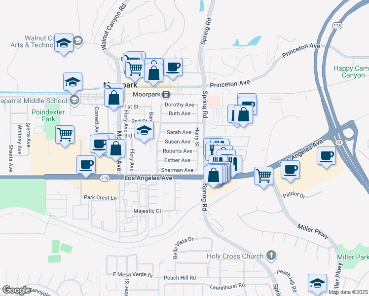 map of restaurants, bars, coffee shops, grocery stores, and more near 379 Roberts Avenue in Moorpark