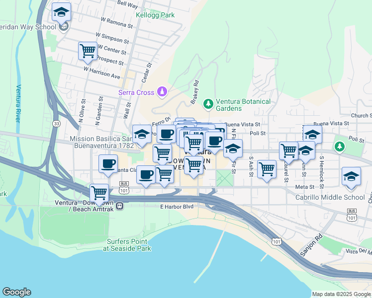 map of restaurants, bars, coffee shops, grocery stores, and more near in Ventura