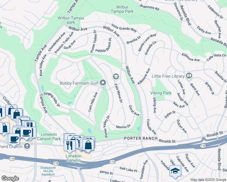 map of restaurants, bars, coffee shops, grocery stores, and more near 11528 Porter Valley Drive in Los Angeles