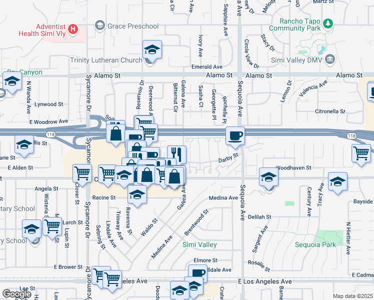 map of restaurants, bars, coffee shops, grocery stores, and more near 2511 Abbeywood Court in Simi Valley