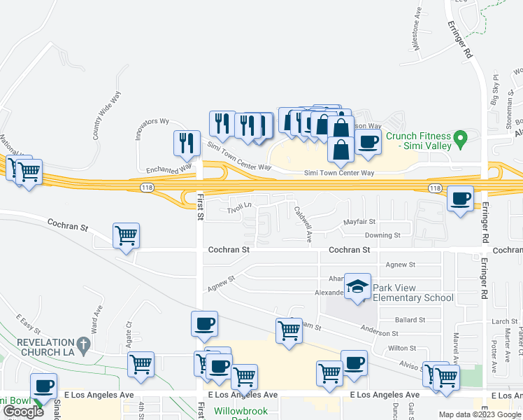 map of restaurants, bars, coffee shops, grocery stores, and more near 2485 Ridge View Court in Simi Valley