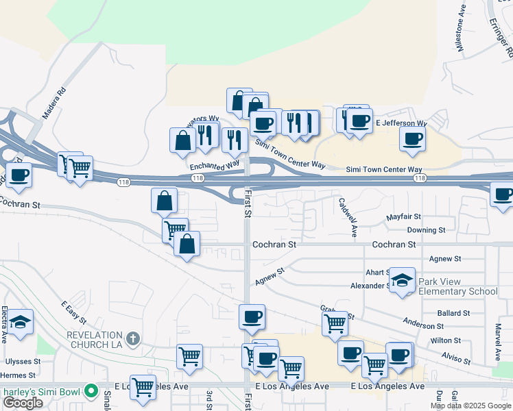 map of restaurants, bars, coffee shops, grocery stores, and more near 2566 First Street in Simi Valley