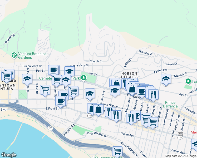 map of restaurants, bars, coffee shops, grocery stores, and more near 88 Aliso Lane in Ventura