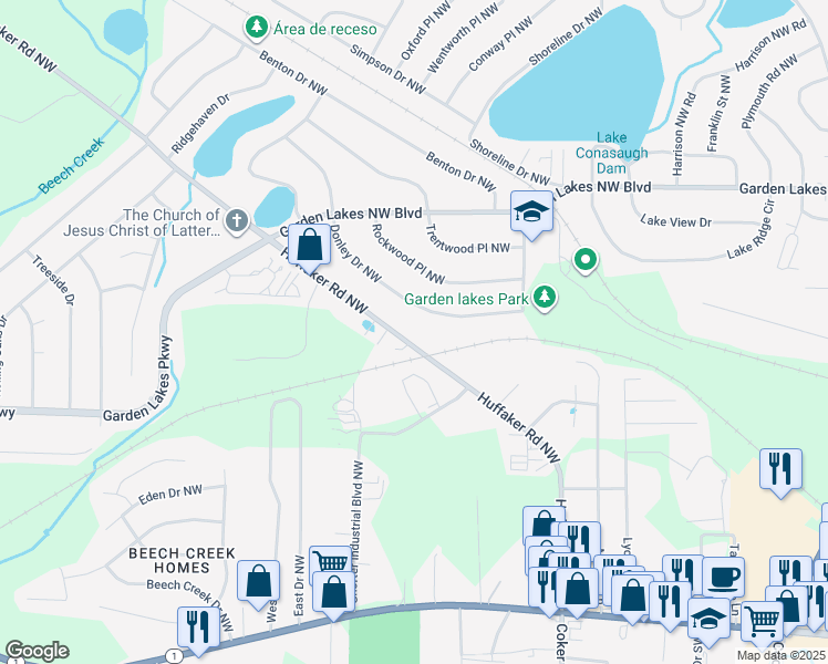 map of restaurants, bars, coffee shops, grocery stores, and more near 218A Huffaker Road Northwest in Rome