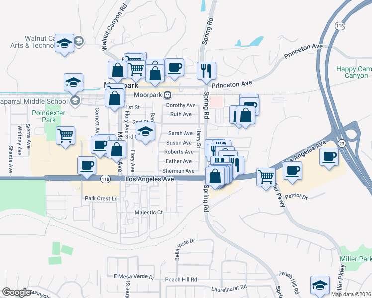 map of restaurants, bars, coffee shops, grocery stores, and more near 379 Roberts Avenue in Moorpark