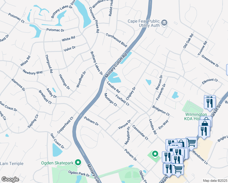map of restaurants, bars, coffee shops, grocery stores, and more near 544 Foxfield Court in Wilmington