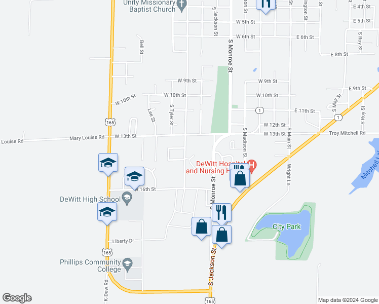 map of restaurants, bars, coffee shops, grocery stores, and more near 1505 South Harrison Street in DeWitt
