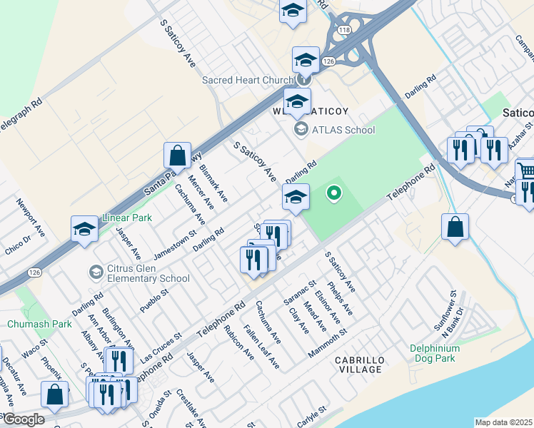map of restaurants, bars, coffee shops, grocery stores, and more near 10406 Boulder Court in Ventura