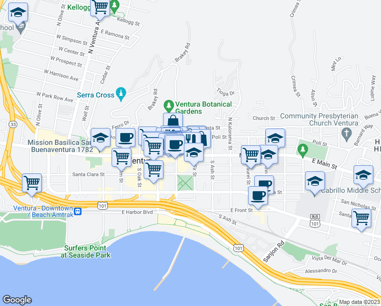 map of restaurants, bars, coffee shops, grocery stores, and more near 671 East Main Street in Ventura