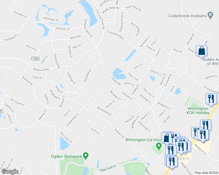 map of restaurants, bars, coffee shops, grocery stores, and more near 569 Montego Court in Wilmington