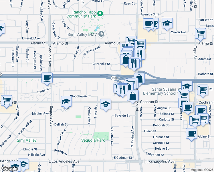 map of restaurants, bars, coffee shops, grocery stores, and more near 2471 Burlingham Place in Simi Valley