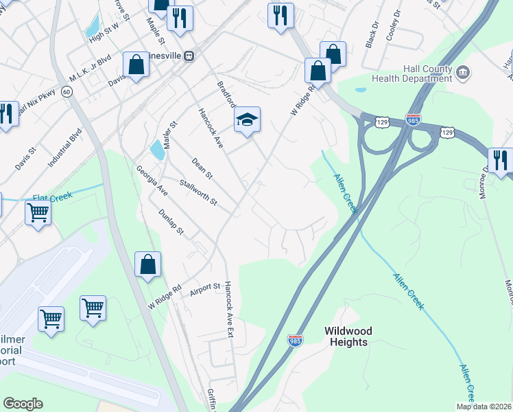 map of restaurants, bars, coffee shops, grocery stores, and more near 1220 Marlow Drive in Gainesville
