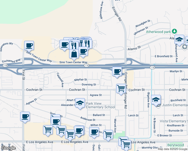 map of restaurants, bars, coffee shops, grocery stores, and more near 2524 Clearfield Place in Simi Valley