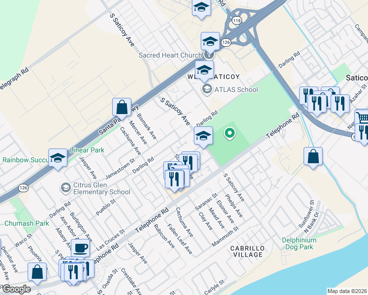 map of restaurants, bars, coffee shops, grocery stores, and more near 10406 Boulder Court in Ventura
