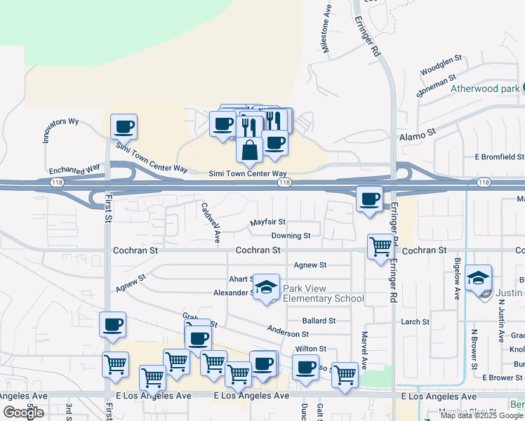 map of restaurants, bars, coffee shops, grocery stores, and more near 2538 Lowell Court in Simi Valley