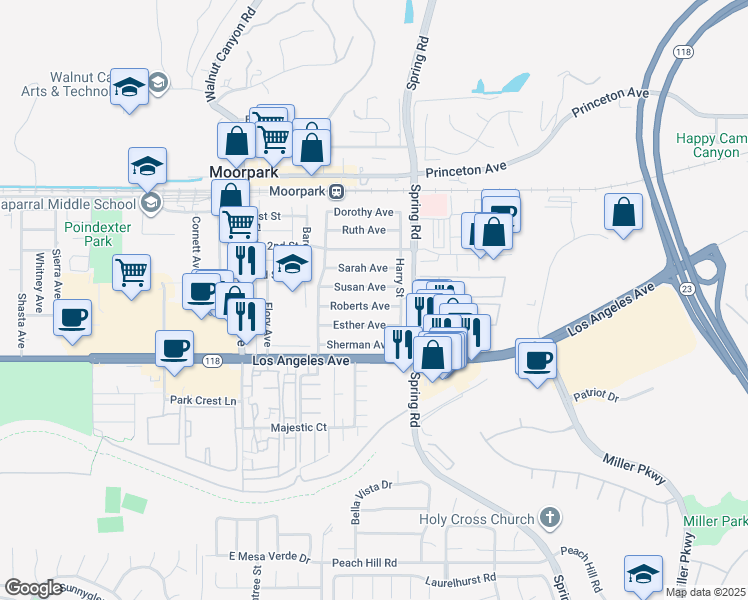 map of restaurants, bars, coffee shops, grocery stores, and more near 379 Roberts Avenue in Moorpark