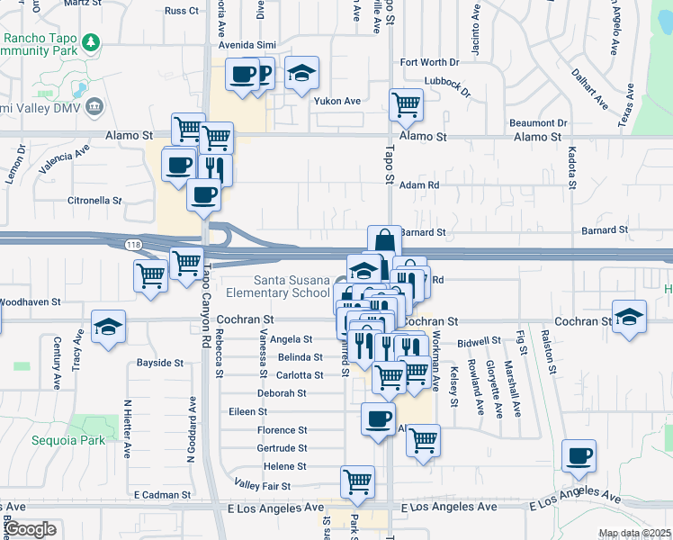 map of restaurants, bars, coffee shops, grocery stores, and more near 4281 Apricot Road in Simi Valley