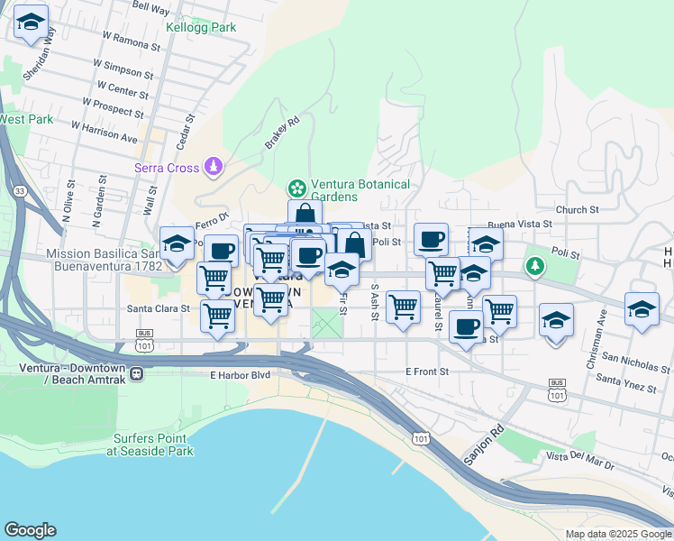 map of restaurants, bars, coffee shops, grocery stores, and more near 671 East Main Street in Ventura